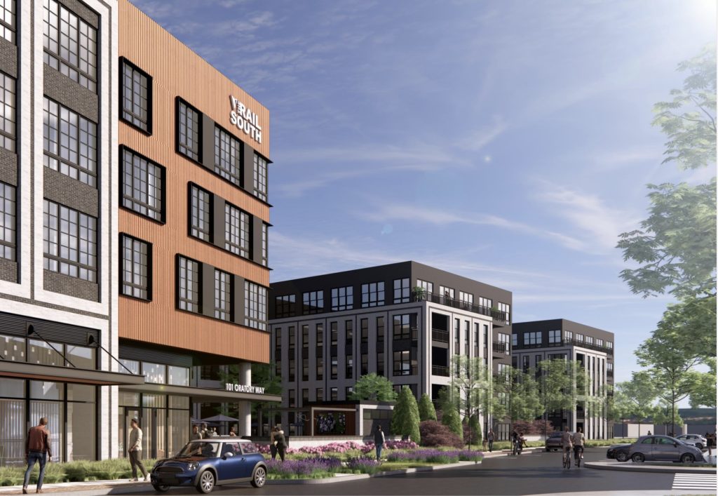 Rendering of the Red Bank Train Station redevelopment. There are three buildings with the highest rising to six stories.