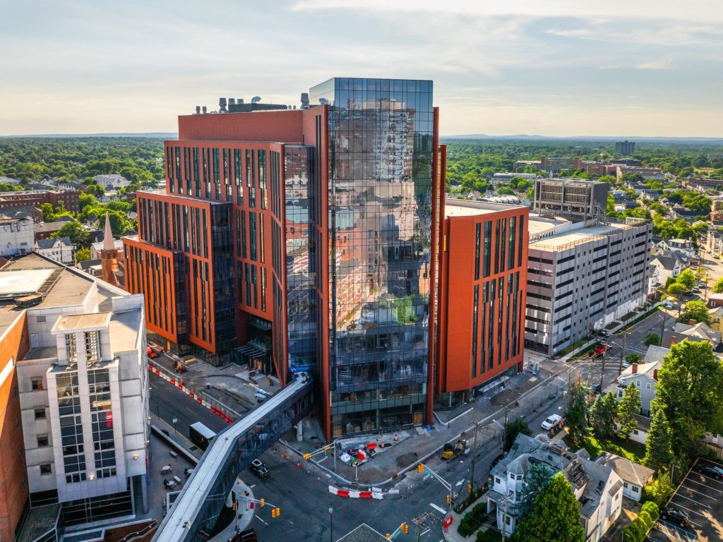 Aerial view of the nearly completed Jack & Sheryl Morris Cancer Center.