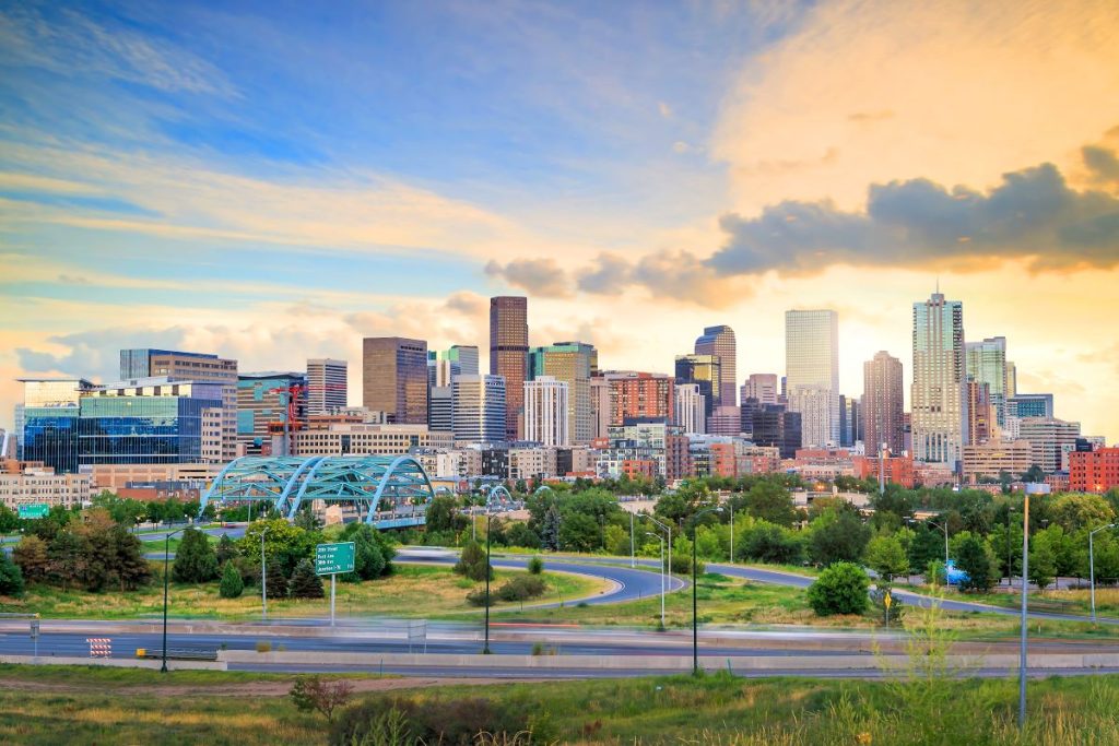 The Denver skyline on a sunny summer day.