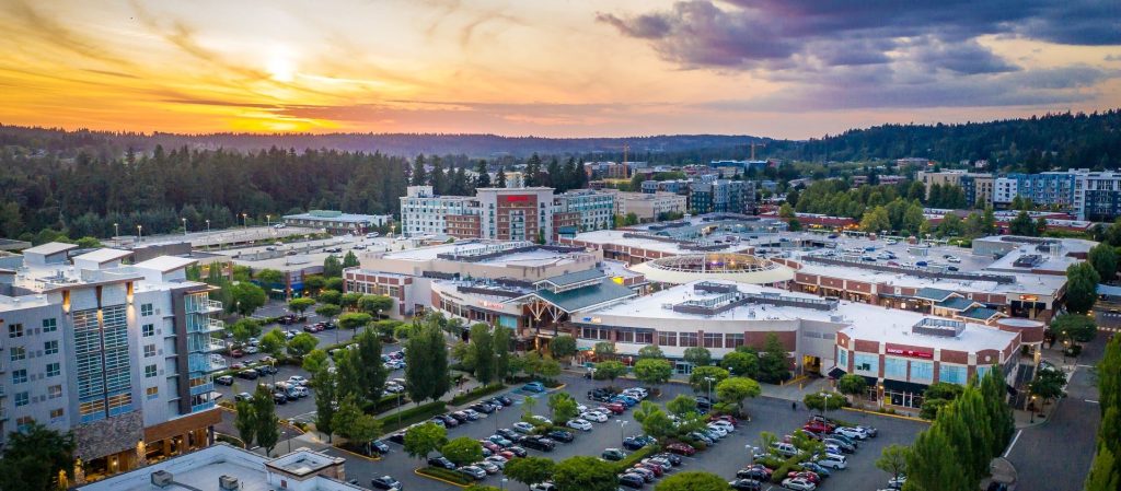 Aerial view of downtown Redmond with rising buildings.