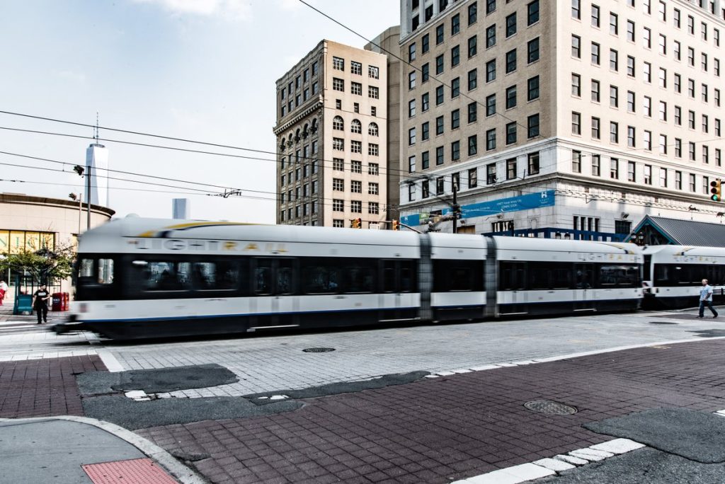 Light Rail on the Hudson-Bergen Line leaving a station.