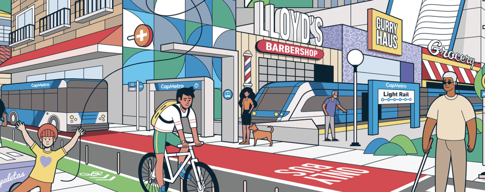 This drawing depicts Austin with bus lanes, bike lanes, light rail, and accessible infrastructure for those with disabilities.