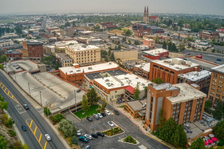 Aerial view of downtown Helena with multi-family housing and new developments.