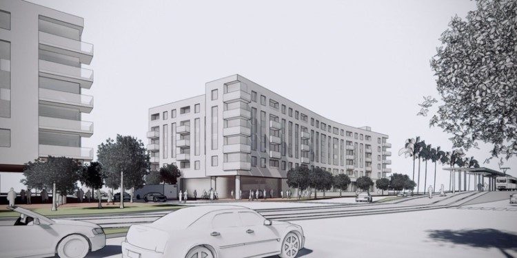 Rendering of the Bridge Housing and Steinburg Hart Architects proposal.