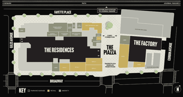 This rendering depicts the residences, the factory, and the piazza of the West Side Square development and the potential PATH station with the rail behind the development.