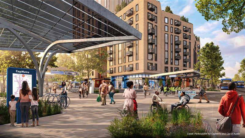 Rendering pf transit center redevelopment in Austin.