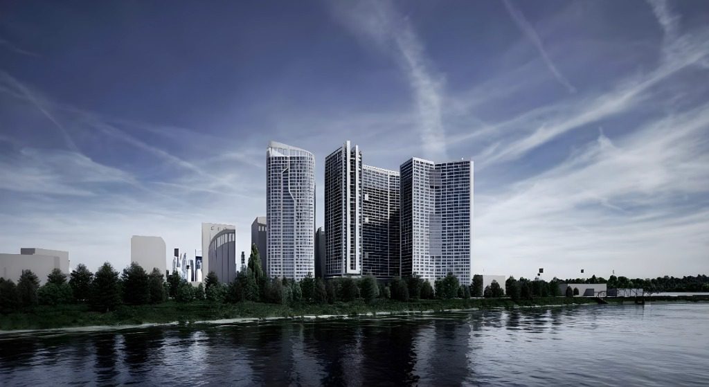 Rendering of Skyline Towers, with the four towers right on the water.