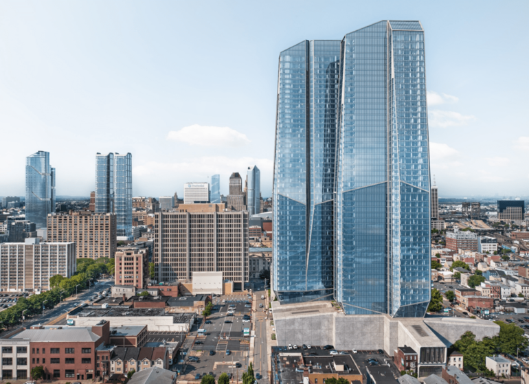 Rendering of Mulberry Pointe. Two towers in Newark