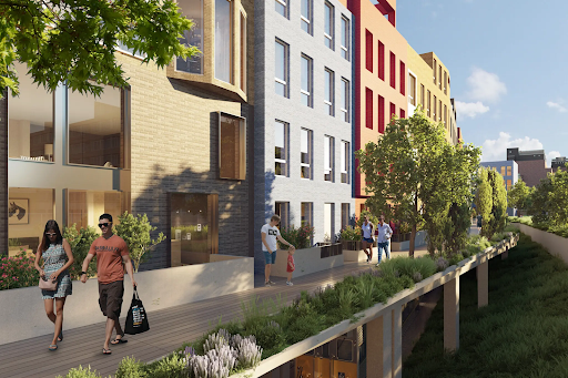 Rendering of townhouses in Brooklyn along the proposed light rail line.