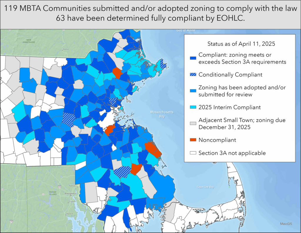 Map of MBTA Communities Housing Law compliance 4/14/2025