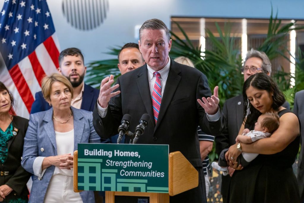 Governor Maura Healey and MA Housing and Livable Communities Secretary Ed Augustus at press conference. Courtesy of the Commonwealth of Massachusetts