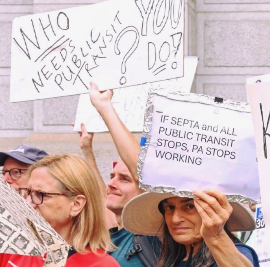 Demonstrators protesting the proposed cuts to SEPTA services. 