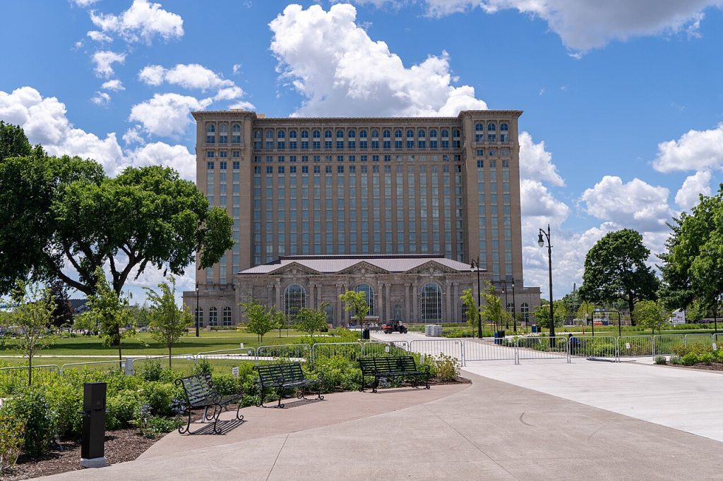 The newly restored Michigan Central Station, previously a symbol of Detroit’s decline. 