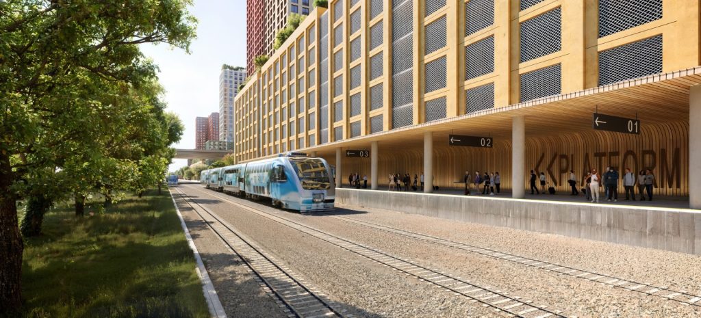 Rendering of development and the new Tri-Rail station. 