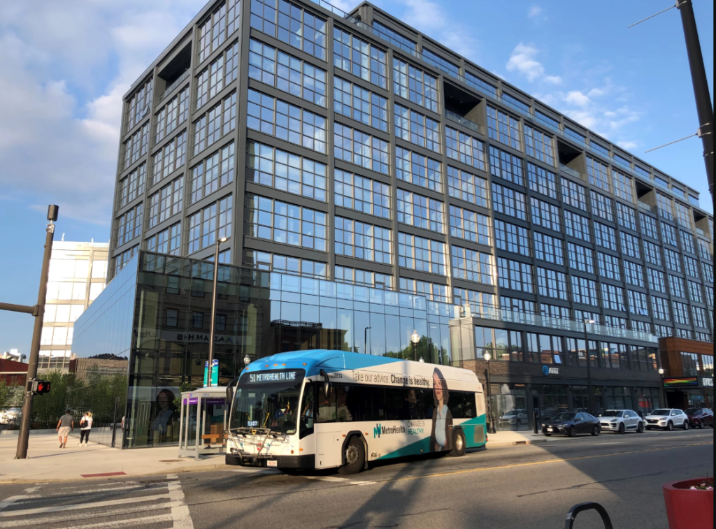 Example of TOD Cuyahoga County seeks to promote along its major transit routes.