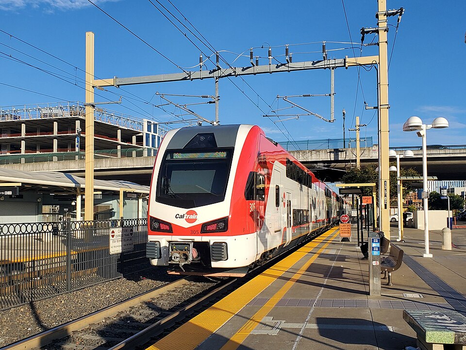 CalTrain leaving Millbrae Station, August 2024.