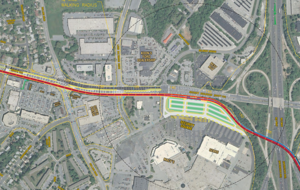 Location of the Security Square Mall site showing the planned Red Line light-rail. 