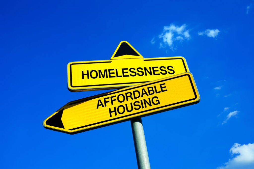 Signs labeled 'homelessness' and 'affordable housing' pointed in opposing directions