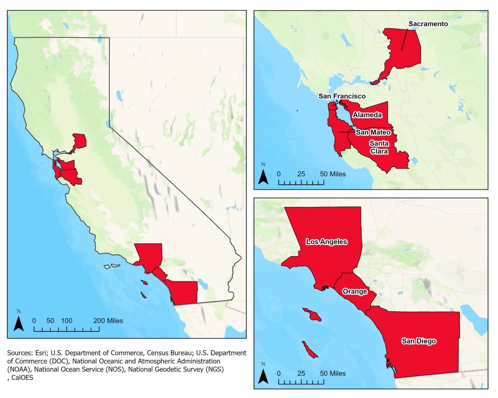 Map of California highlighting the 15 designated Urban Transit Counties under S.B. 79, including Los Angeles, Orange, and several Bay Area counties, indicating where higher density standards apply.