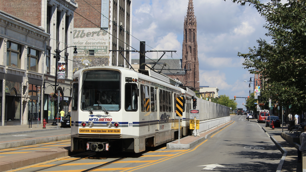 NFTA rail car passing through Buffalo.