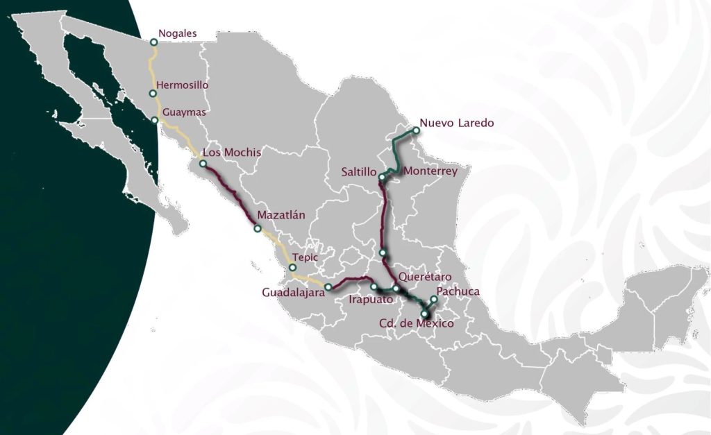 Planned Mexico High-Speed Rail routes.