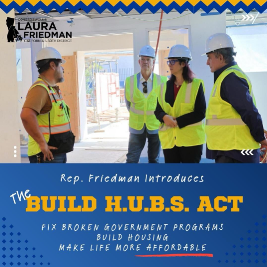 Infographic announcing Rep. Friedman’s Build HUBS Act. Courtesy of @replaurafriedman on Instagram
