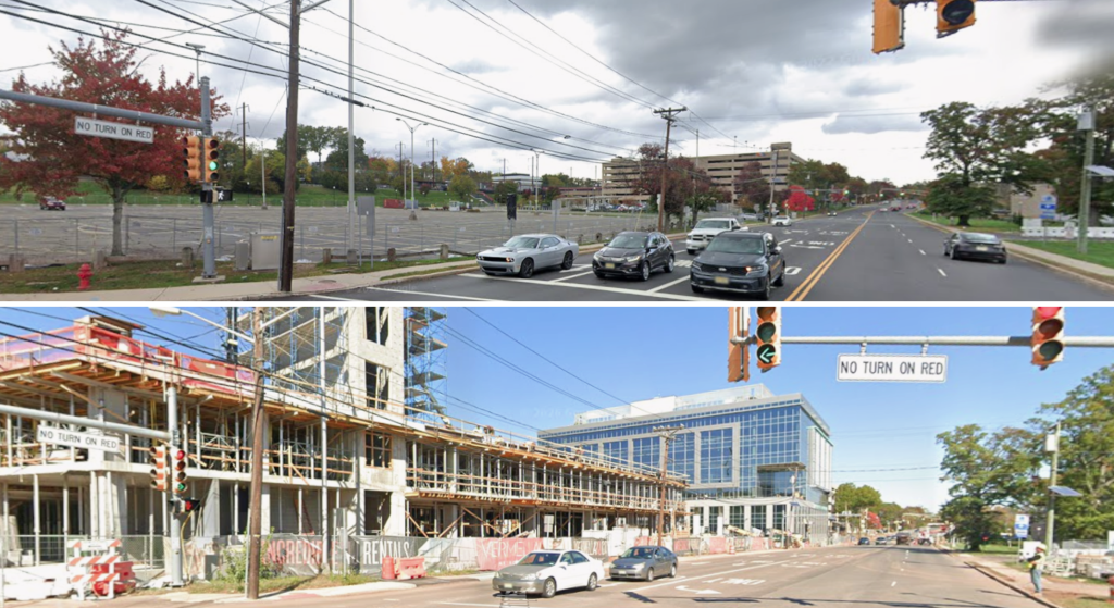 The Metropark site was a larger surface parking lot and a parking deck in the older image. In the new image, it is an under-construction development and completed Health and Wellness Center