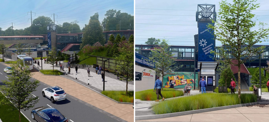 Renderings of station area improvements at Metropark, including bus shelters and bus bays, murals, and landscaping.