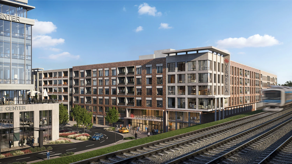 Rendering of the Vermella Metropark apartments from the railway. 