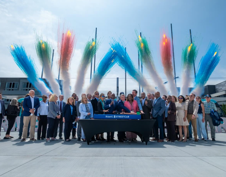 Kansas City public officials at the Streetcar Riverfront extension opening ceremony. Courtesy of @kcstreetcar on Instagram