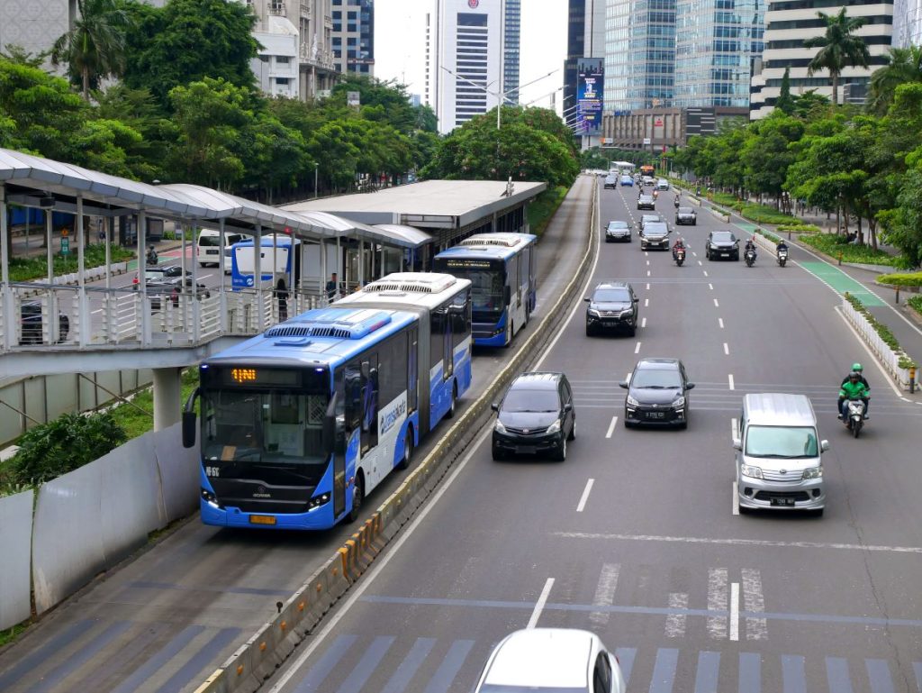 Example of Bus Rapid Transit (BRT) in Jakarta, Indonesia. The bus has its own grade separated lane. 