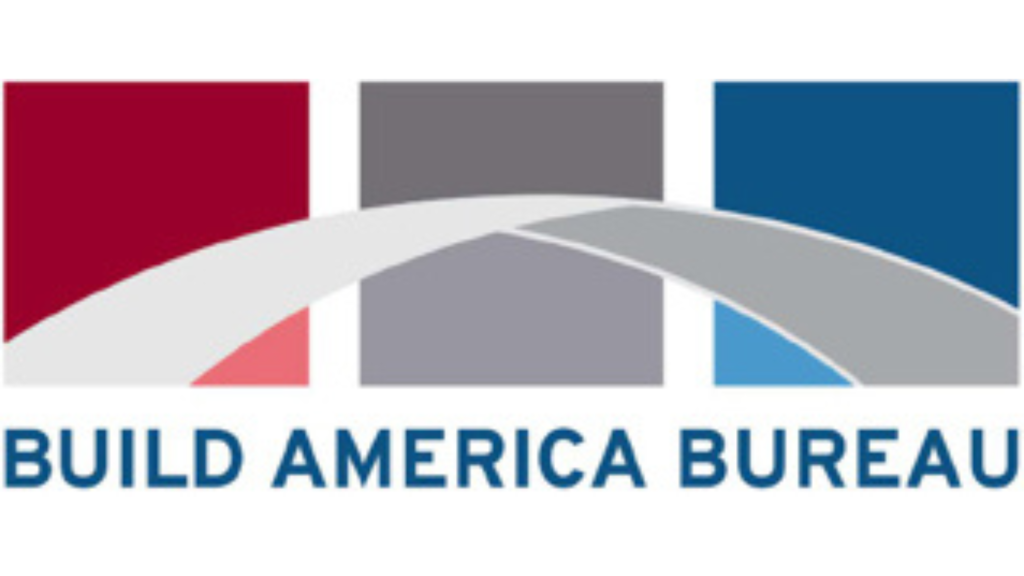 Red, grey, and blue rectangles with a grey arch in front of them. Below, blue text reads "Build America Bureau."