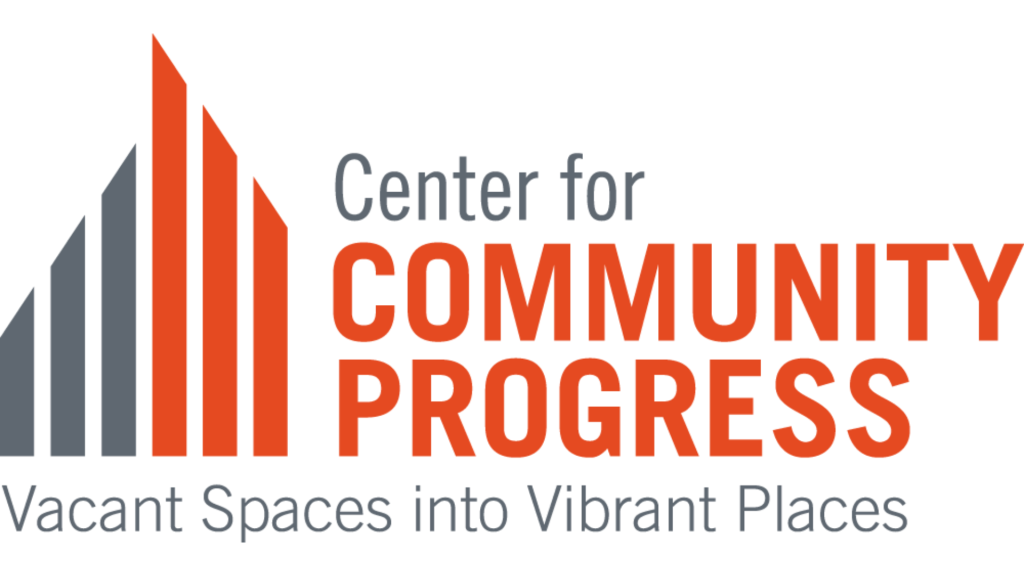 Logo with grey and orange blocks. Text to the right reads "Center for Community Progress," and text below reads "Vacant Spaces into Vibrant Places."