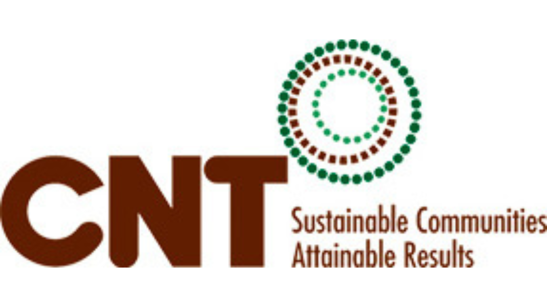 Green and brown concentric circles above brown text reading "CNT: Sustainable Communities, Attainable Results."