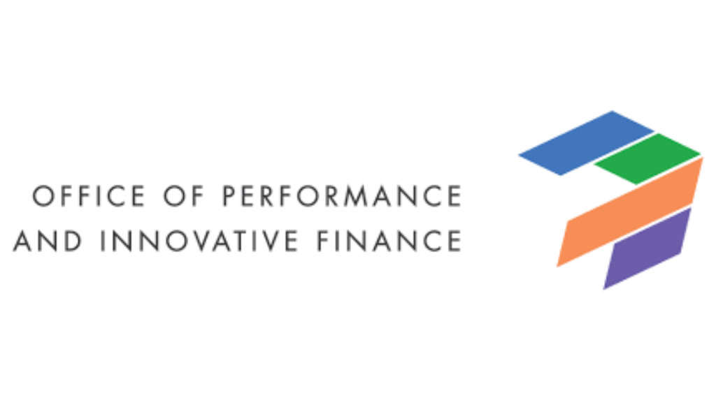 Text reading "Office of Performance and Innovative Finance." To the left a logo made of blue, green, orange, and purple blocks.