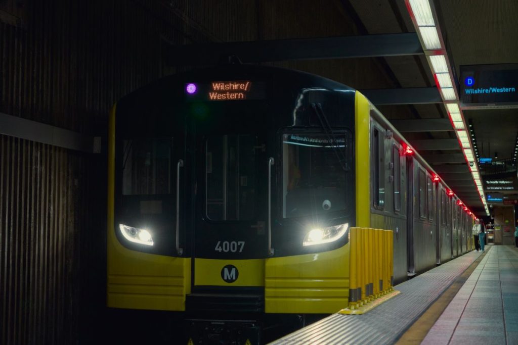LA Metro D Line train pulling onto the platform.
