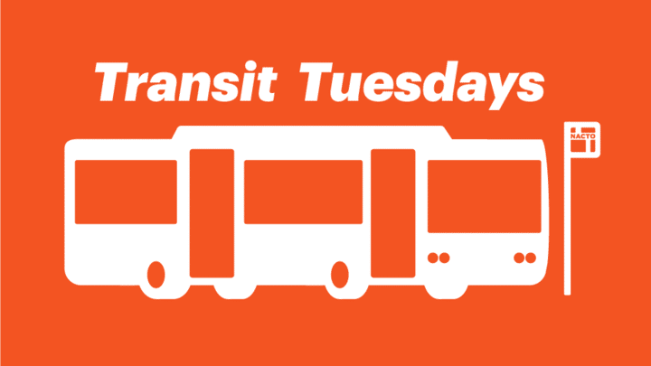 An orange background with a white illustration of a bus. The text above the bus reads "Transit Tuesdays."