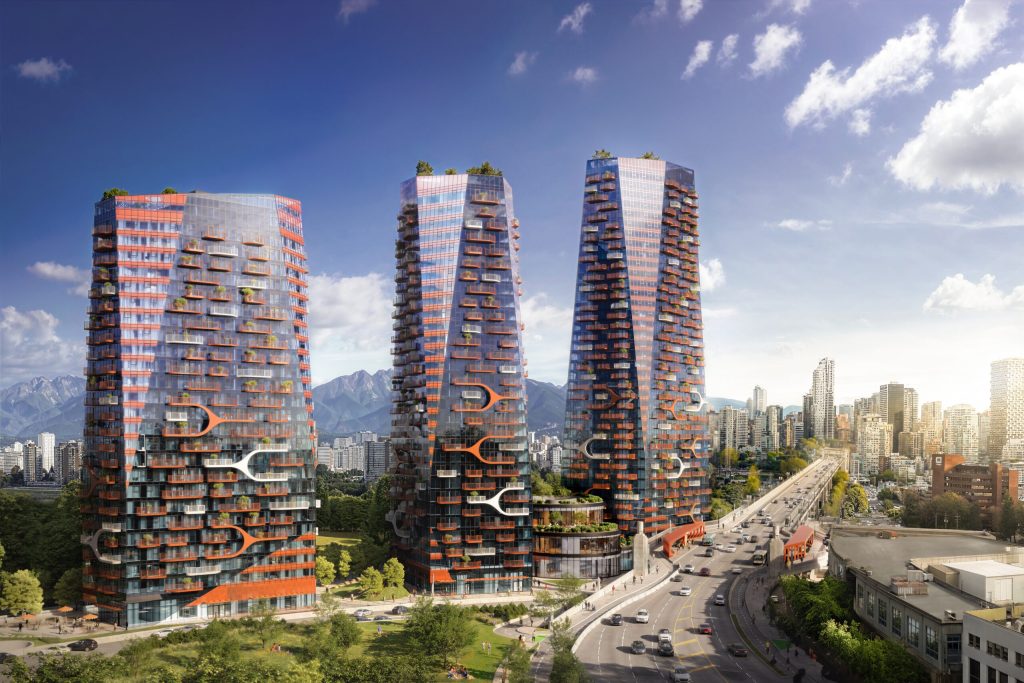 Rendering of Senakw. The development features three large towers surrounded by green space in Vancouver.