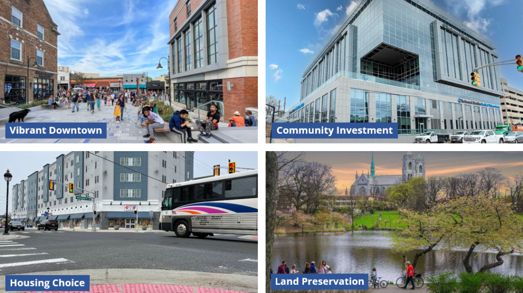 Image that shows Vibrant Downtown, Community Investment, Housing Choice, and Land preservation as benefits of Transit friendly planning