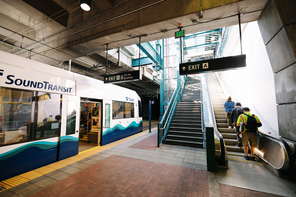Sound Transit station with a light rail train.