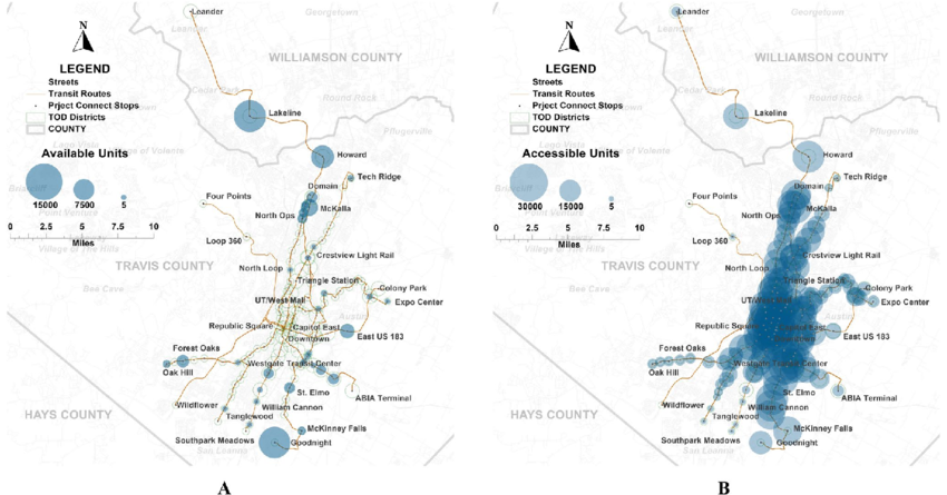 Affordable housing supply in Austin, TX: (A): available units; (B): accessible units