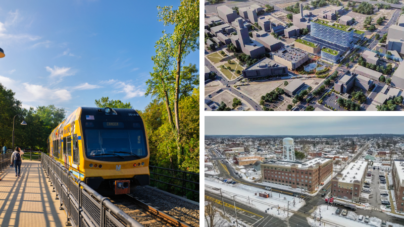Three images including a River LINE Train, a rendering of the Walter Rand Transportation Center redevelopment in Camden, and a new development in Riverside