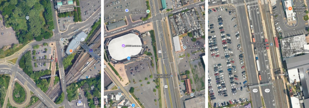 Aerial photos of Trenton Transit Center, Hamilton Ave Station, and Cass Ave Station. All three stations are surrounded by large parking lots and conditions not friendly to pedestrians.
