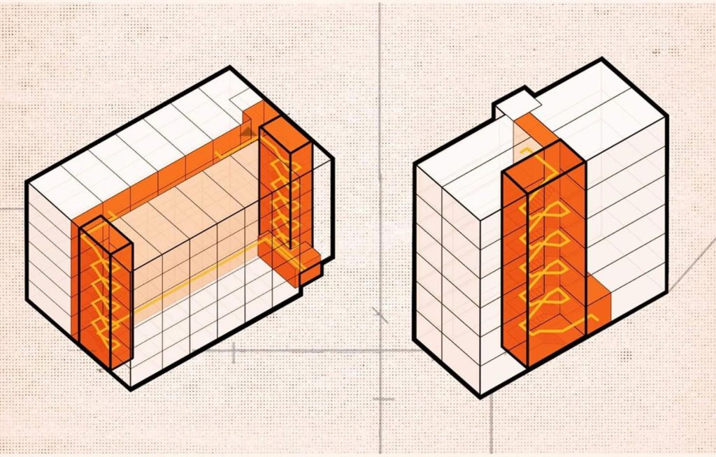 Double-stair (left) and single-stair (right) diagram. The single-stair example can fit the same units in less space.
