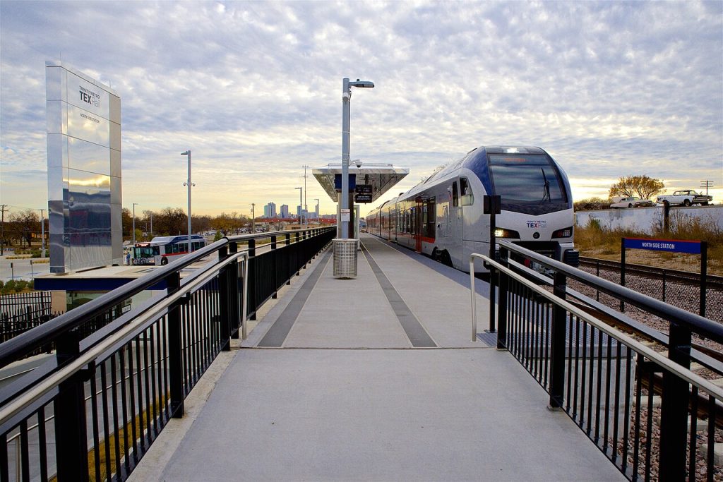 Platform and train at TEXRail Northside Station in Fort Worth, TX