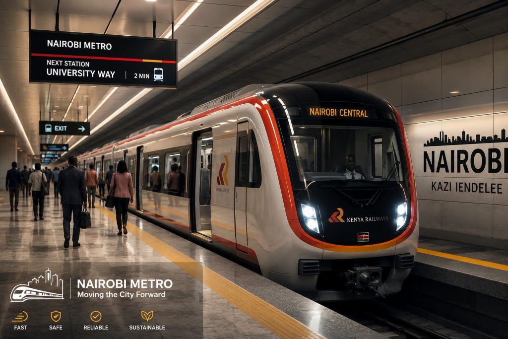 Rendering of a planned Nairobi Metro station and train.