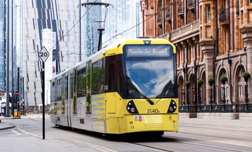 Yellow Tram in Manchester, United Kingdom.