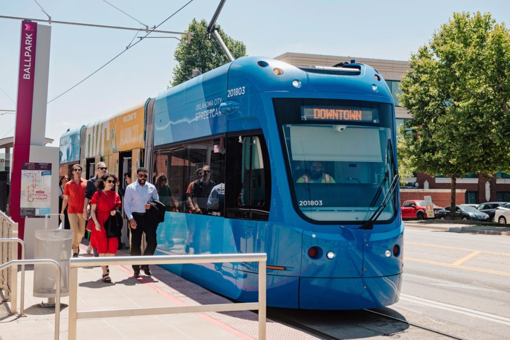 Oklahoma City Streetcar as passengers board at a station
