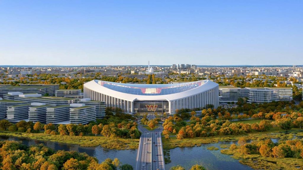 Rendering of the proposed Washington Commanders Stadium with surrounding park space and residential development.