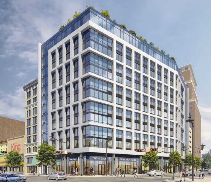 Rendering for a 13-story building at the corner of Market and Washington.